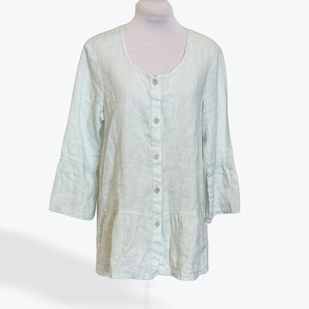 FLAX Linen Tunic Top Petite P Seafoam Mint Button Front 3/4 Sleeve Lithuania